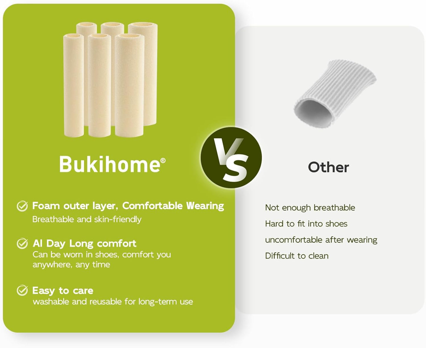 Bukihome Cuttable Toe Tubes Sleeves - Foam Toe Protectors for Corns, Calluses, Blisters - Fabric & Breathable Gel Lining Toe Sleeve Protectors Relief Toe Pressure Pain - 6 Count, White