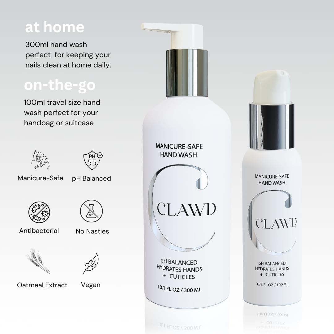 CLAWD Nail Care Kit for Girls and Women, Includes Nail Brush for Cleaning Fingernails, Fingernail Brush, Nail Scrubber Brush, Hand Wash 100ml & 300ml, Black, Blue, Silver, Pink Brushes | Set of 6