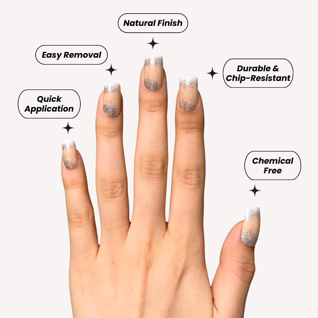Perfect Look Press On Nails - Sparkle | No Glue One-Day Short Square Fake Nails, Nude Nails with Silver Glitter Tips - 24 Pcs Nail Kit with Adhesive Tabs