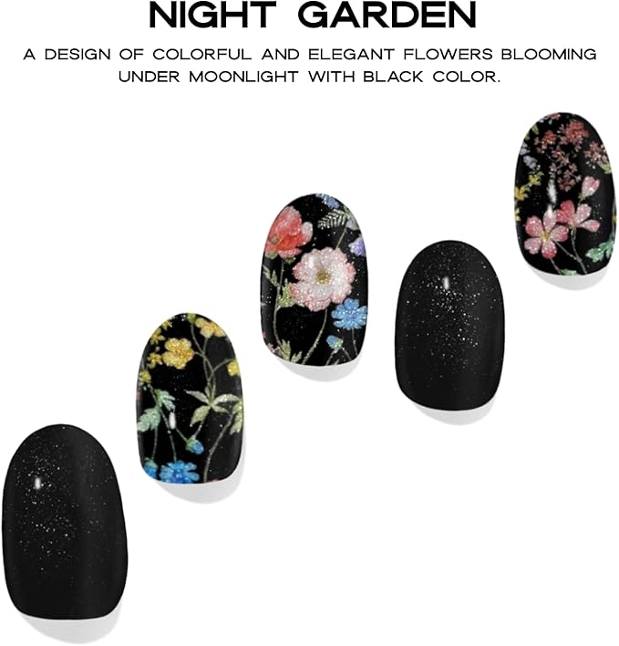 Semi Cured Gel Nail Strips with 30 Pieces - UV Gel Stickers, Manicure Kit, Easy Application Wraps Includes Prep Pads, Nail File, Wooden Stick - UV Light Required (Black Garden)