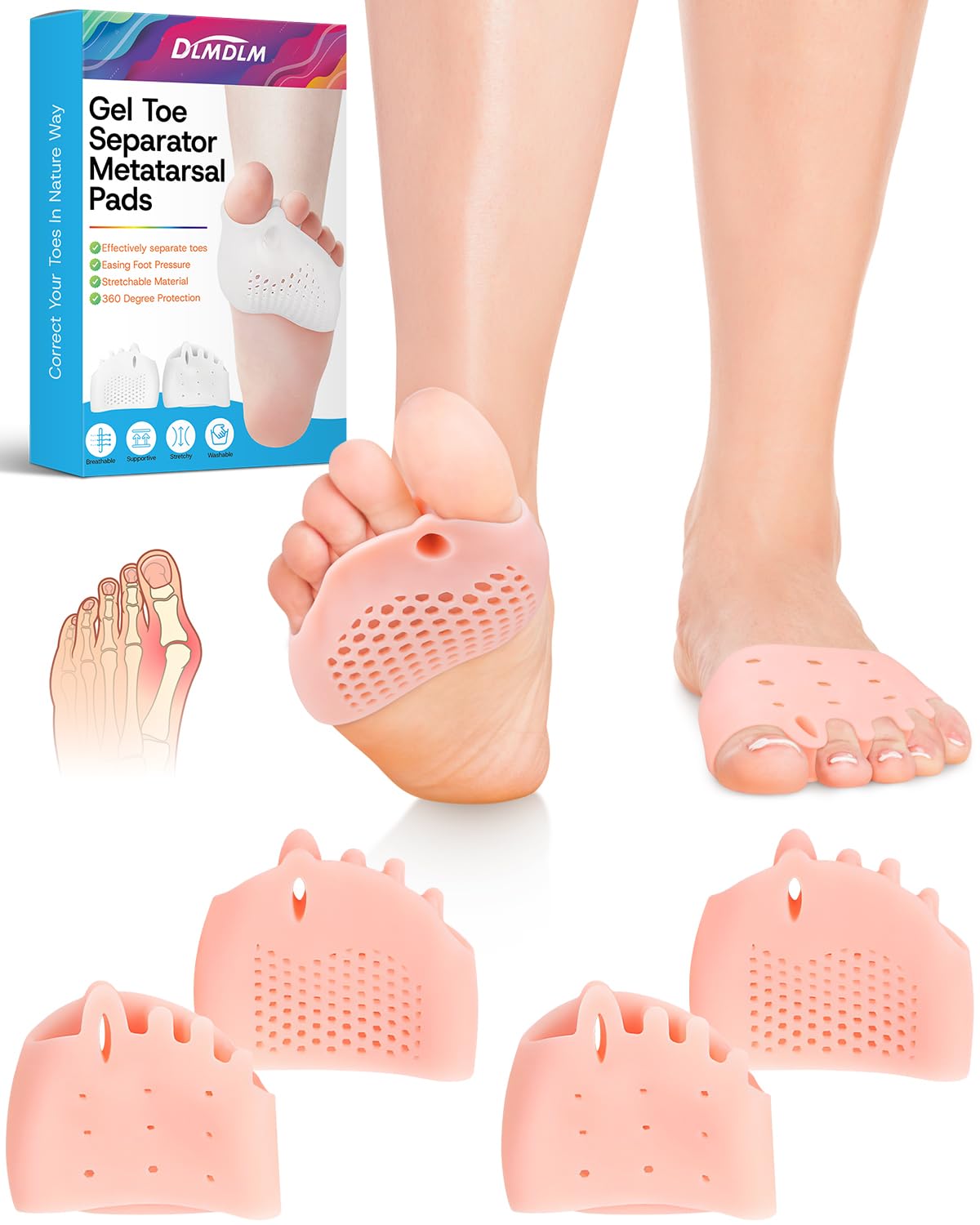 2 Pairs Silicone Toe Separators for Women and Men, Metatarsal Bunion Corrector Cushion, Soft And Breathable Toes Spacers for Foot Pain Relief (2*Skin)