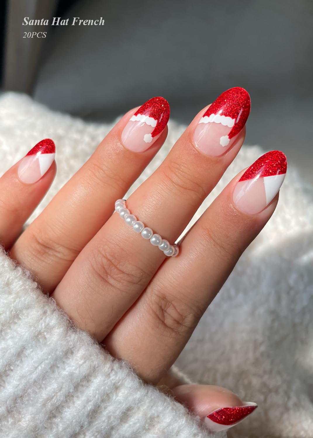 Semi Cured Gel Nail Strips (Santa Hat French), Red Glitter, 20 Pcs Christmas Gel Nail Wraps, Stickers, UV Light Required, Salon Quality