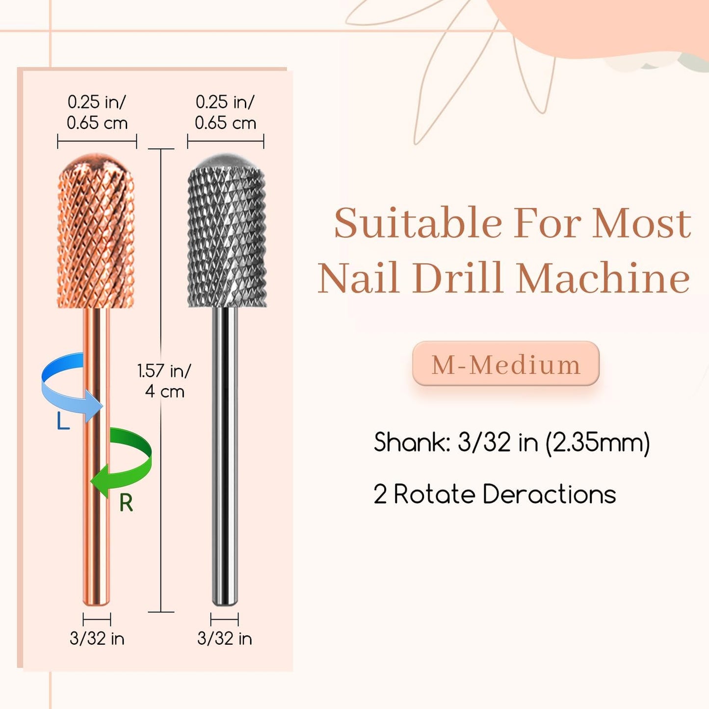 Dill Bits for Nails 2 PCS, 3/32'' Safety Nail Drill Bits, Smooth Top Carbide Bits for Acrylic, Soft Gel, MEDIUM Nail Bit Set for Manicure Pedicure, Beginners Bits, Rose Gold & Sky Grey (M)