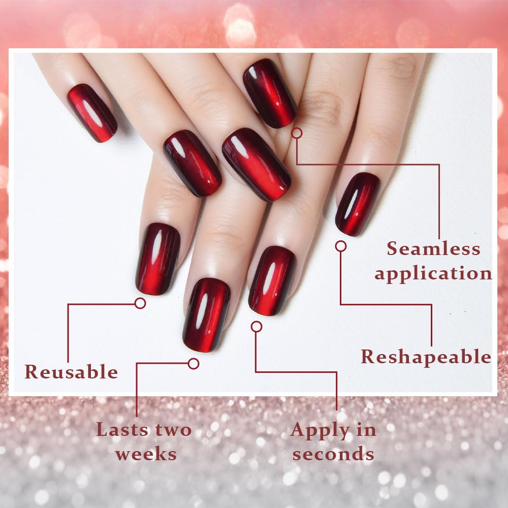 Blood Red Cat Eye Halloween Press on Nails Medium Square, Medium Square Glue on Nails for Women Gift, Dark Red Holographic Glitter Glossy Reusable Stick Gel Press on Acrylic Fake Nail with Designs