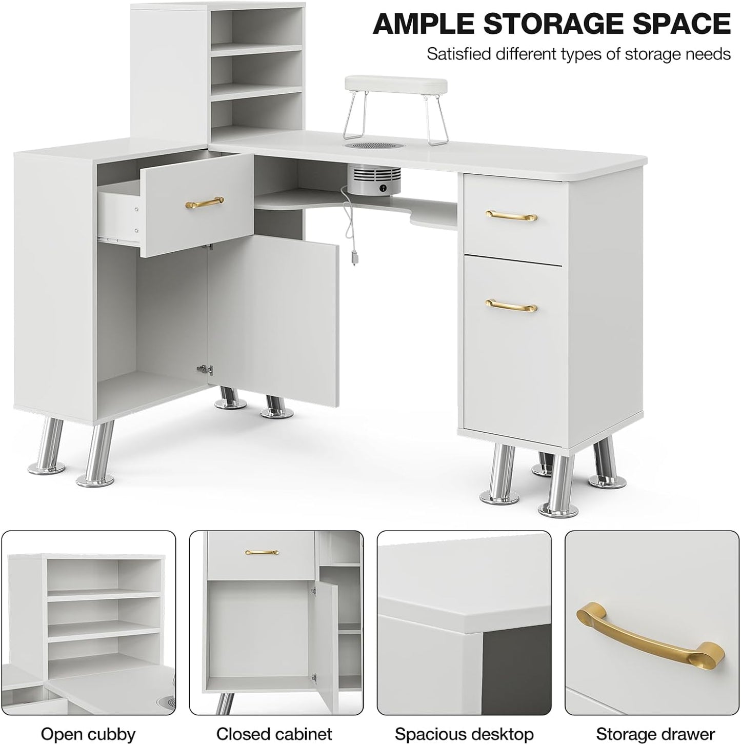 Manicure Table with Shelves, L-Shaped Nail Table Station w/Electric Downdraft Vent, Foldable Nail Arm Rest, Storage Cabinets, Drawers, Metal Handles & Legs for Nail Tech(White)