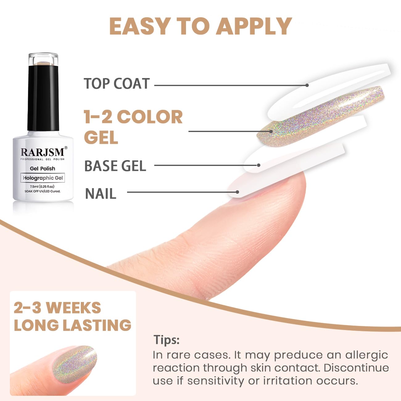RARJSM Holographic Gel Nail Polish Champagne Gold Reflective Iridescent Rainbow Glitter Gel Polish Curing Required Unicorn Mirror Chrome Laser Effect Soak off for DIY Salon Home Manicure 7.5ML