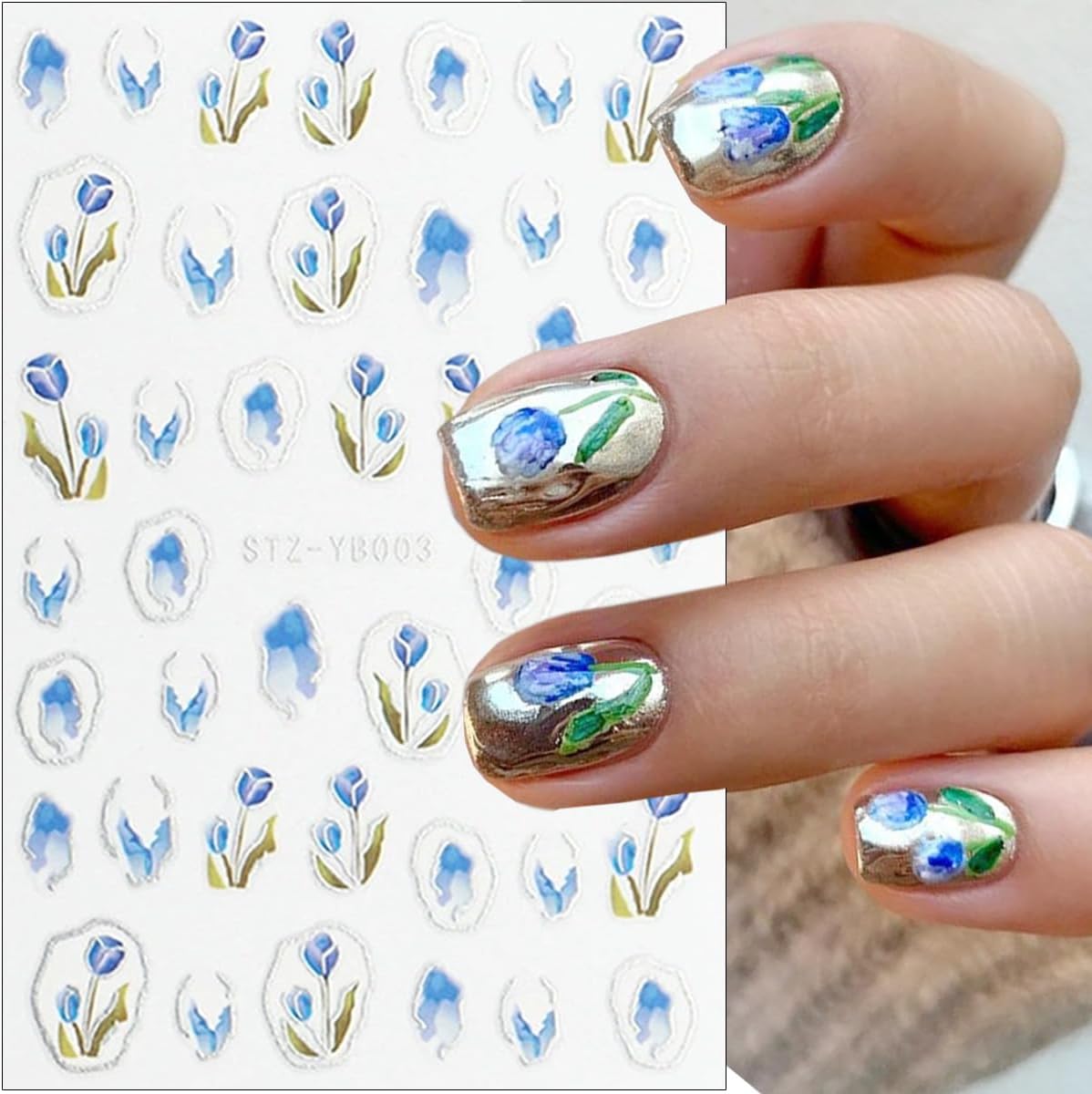 6Sheets Spring French Nail Stickers 3D Self Adhesive Flower Nail Decals Elegant Tulip Flower Bow Nails Art Stickers Blue Hibiscus Floral Nails Art Design Supplies for Women Girls DIY French Manicure