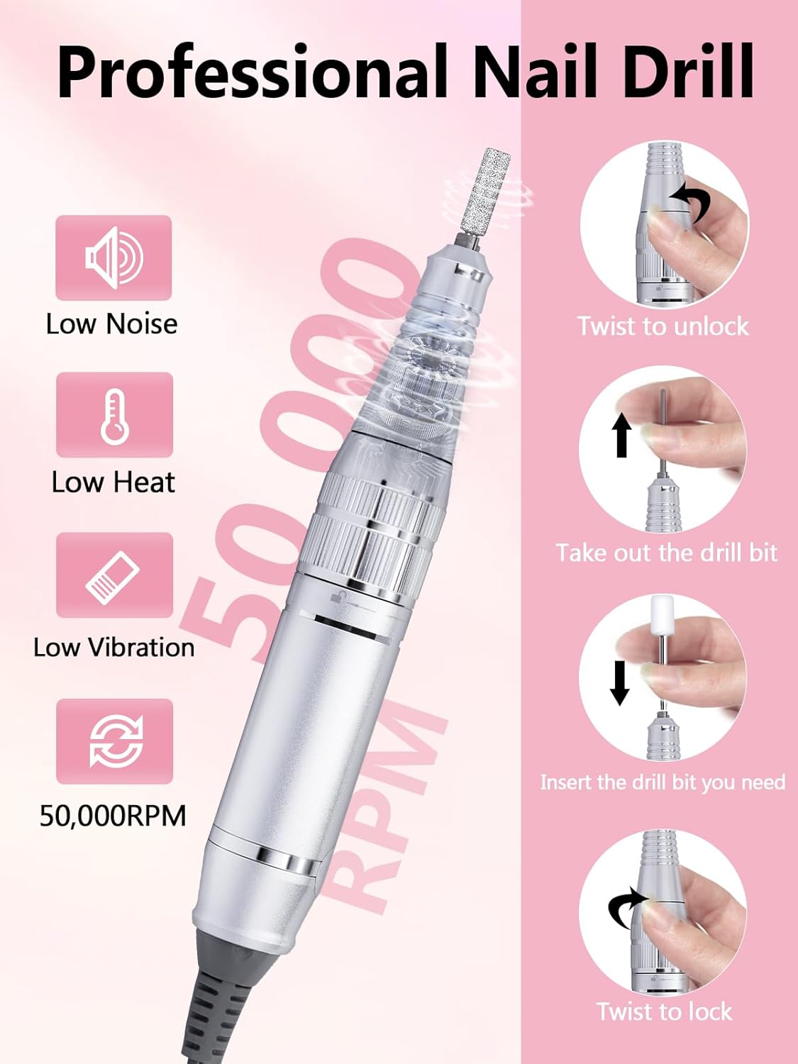 Portable Nail Drill Professional 45000 RPM, Rechargeable Electric Nail File Machine E File for Acrylic Gel Polishing Removing Pink