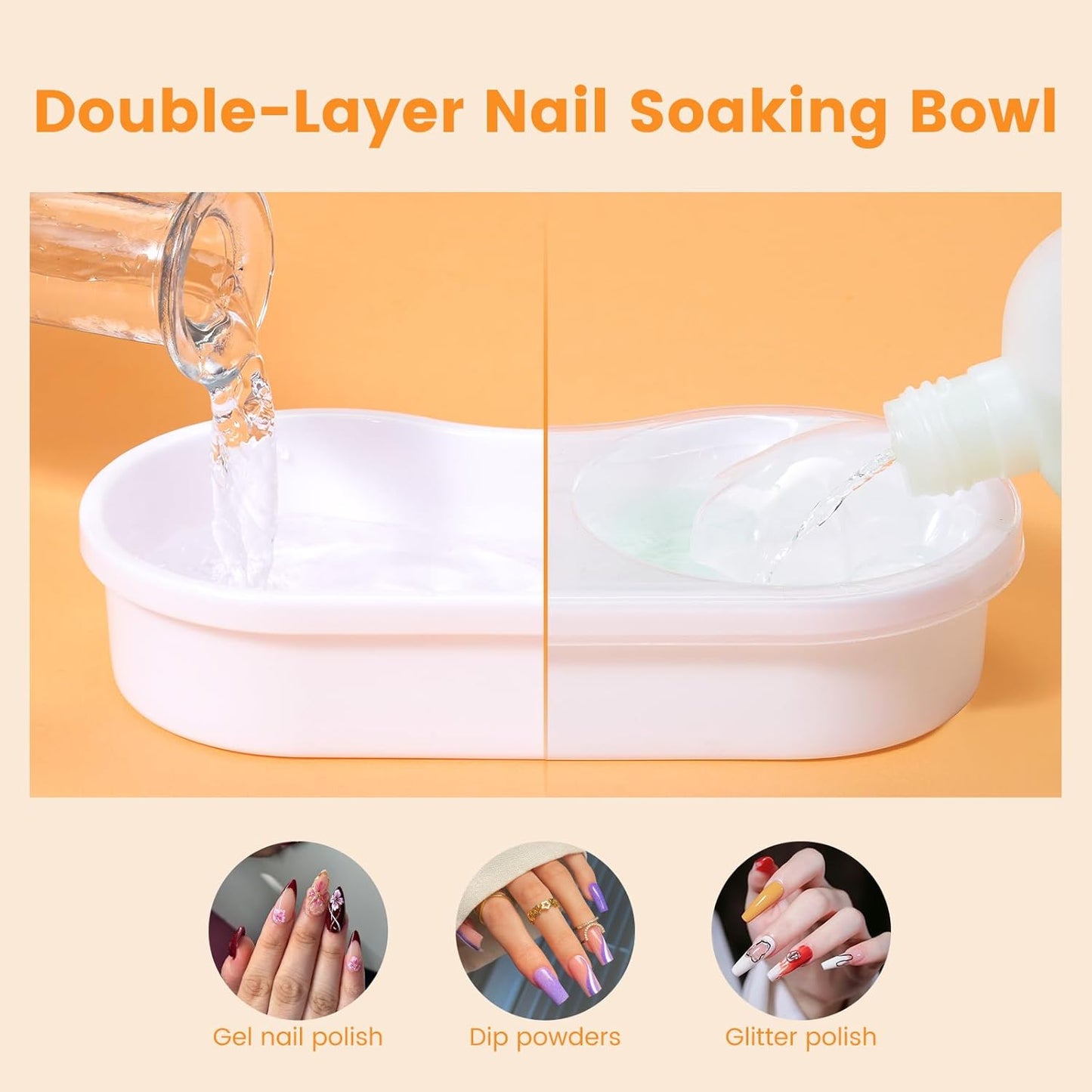 Dual Nail Soaking Bowl, Soak Off Gel Polish Remover Bowl for Home Users, Time Saver Manicure Bowl for Dip Powder/Gel/Acrylic Removal at Home & Salon, White