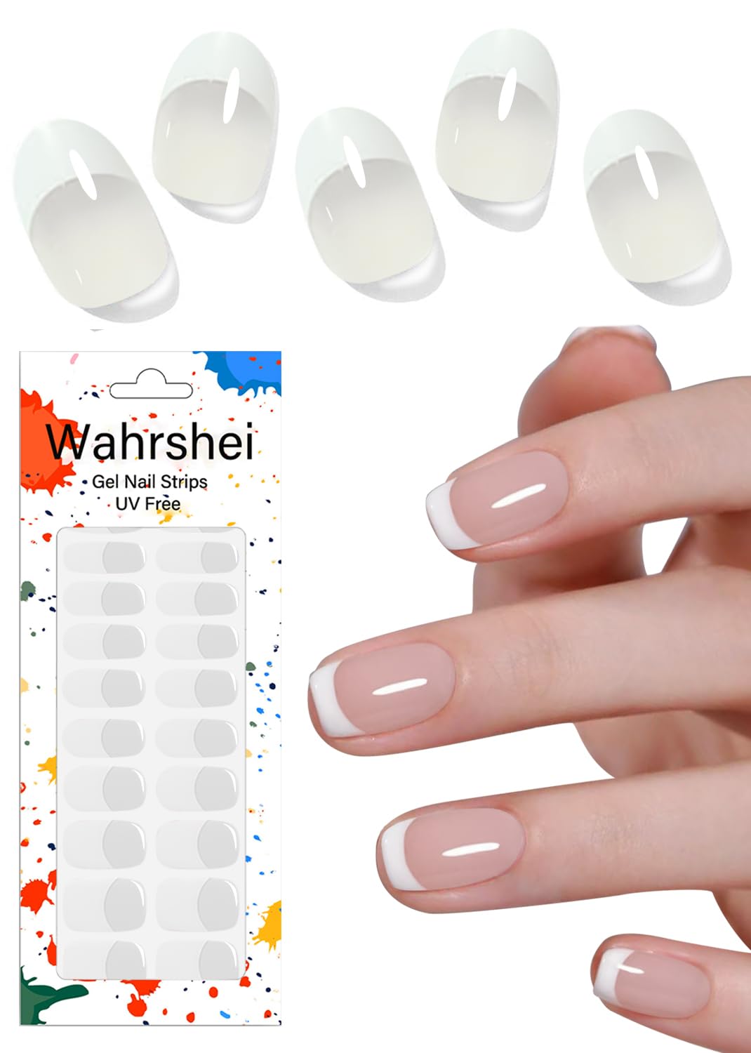 Gel Nail Strips No UV, Classic French, UV Free, Long Lasting Gel Stickers - Contains 22 Wraps, 1 Prep Pad, 1 File