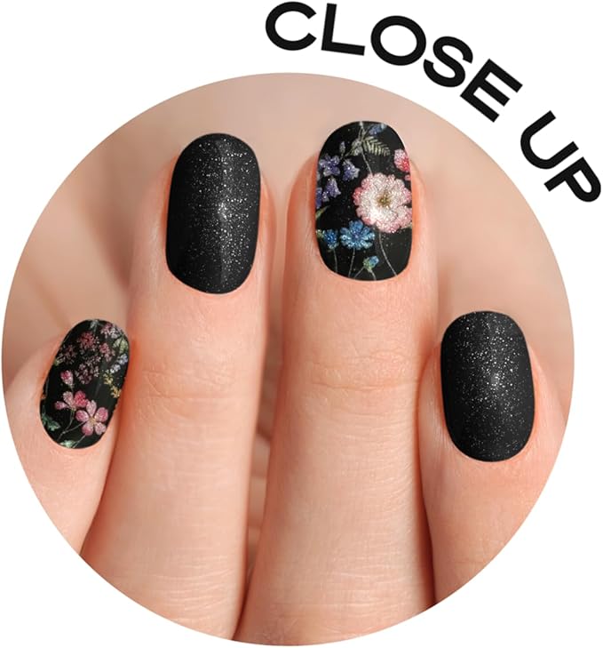 Semi Cured Gel Nail Strips with 30 Pieces - UV Gel Stickers, Manicure Kit, Easy Application Wraps Includes Prep Pads, Nail File, Wooden Stick - UV Light Required (Black Garden)