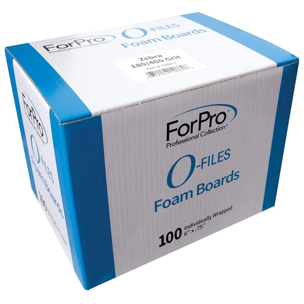ForPro O-Files Foam Board, 180/400 Grit, Zebra, Double-Sided Manicure Nail File, 6” L x .75” W, 100-Count