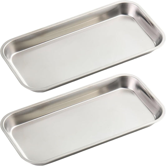 2 Pack Stainless Steel Silver Decorative Tray, Manicure Surgical Tools Placing Dish, Bathroom Vanity Trays for Dresser Counter