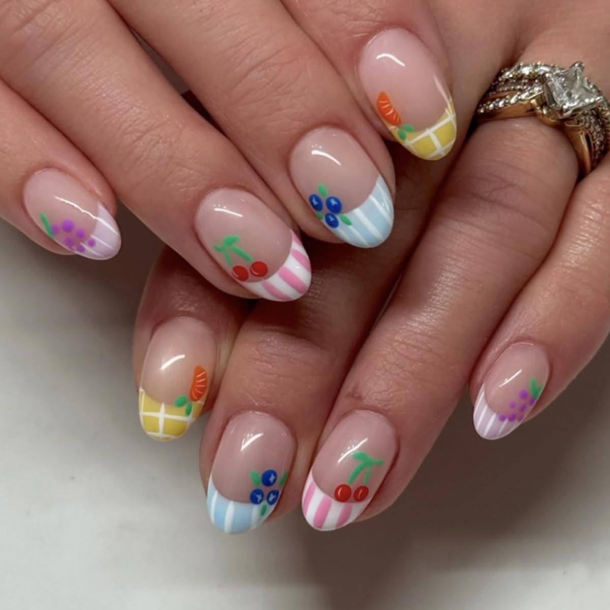 Summer Fruit Press On Nails Oval Shape, Colorful Striped Fake Nails with Cute Cherry Grape Orange Blueberry Designs, Glossy Gel Finish Acrylic Reusable Glue On Nails for Women, 24 Pcs