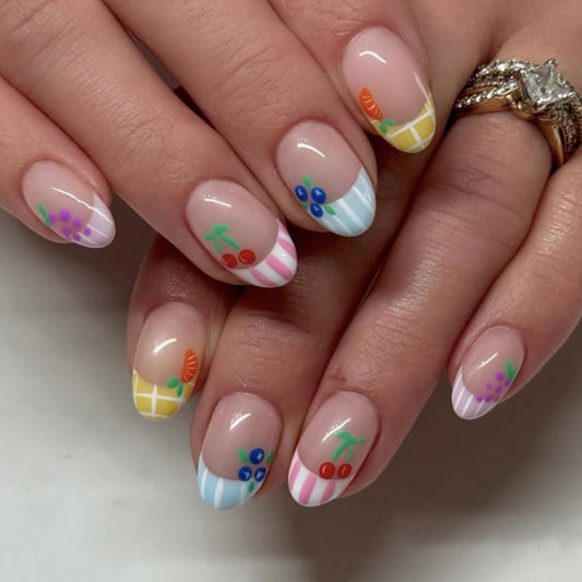 Summer Fruit Press On Nails Oval Shape, Colorful Striped Fake Nails with Cute Cherry Grape Orange Blueberry Designs, Glossy Gel Finish Acrylic Reusable Glue On Nails for Women, 24 Pcs