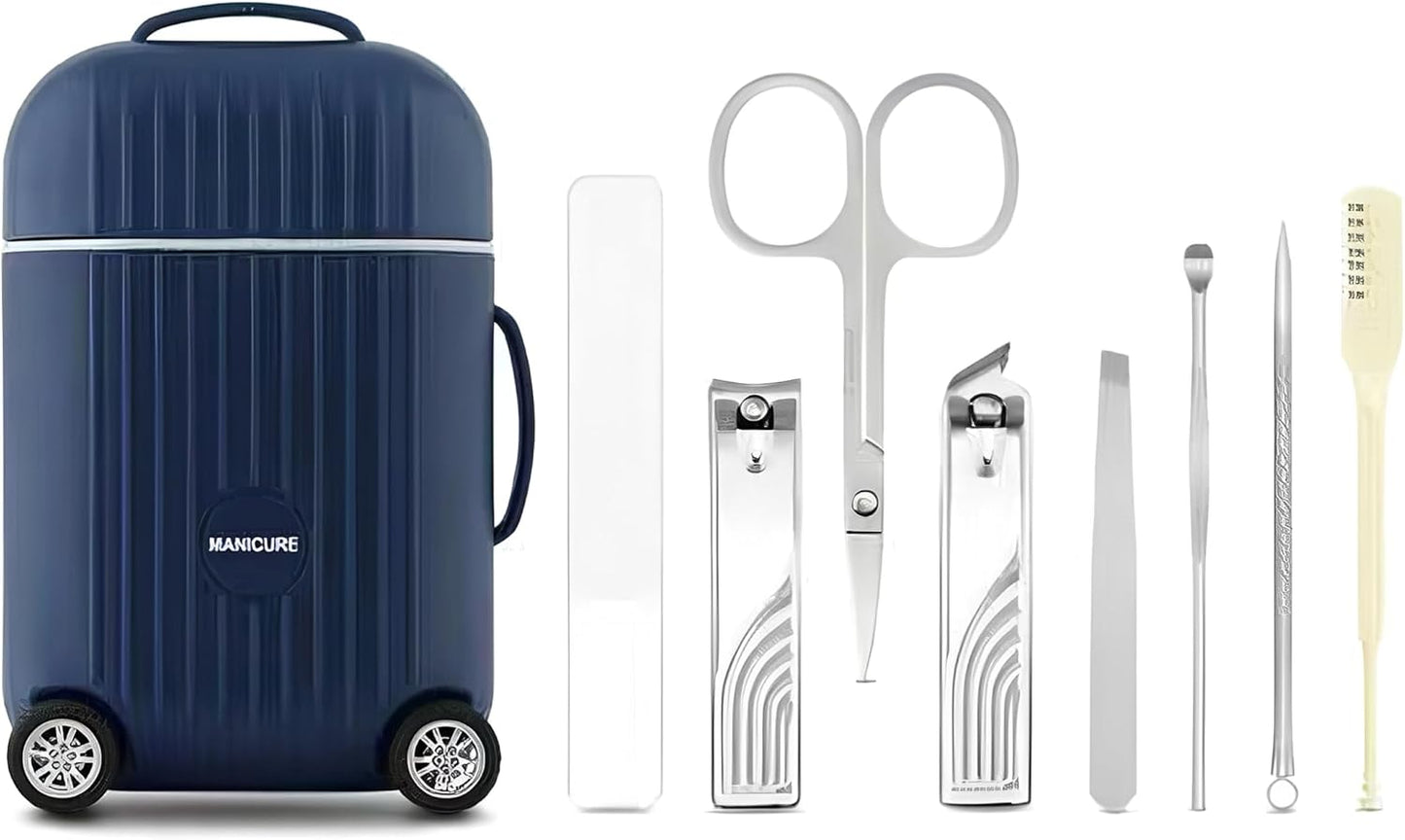 Travel Luggage Style Manicure Set, 6-in-1 Nail Care Kit with Stainless Steel Tools, Compact Design (Navy Blue)