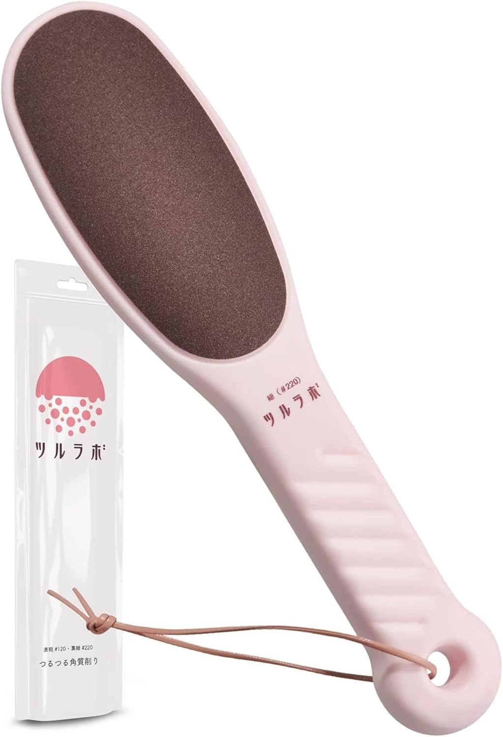 TSURULABO - Foot File, Dual-Sided (Coarse & Fine), Water-Resistant Alternative to a Foot Scrubber or Pumice Stone for Feet, Heel Scrubber for Grooming, Pink Dry Skin Callus Remover with Hanging Loop