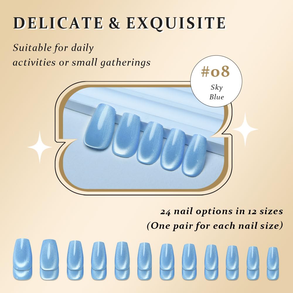 evpct Sky Blue Cat Eye Coffin Press on Nails Square Medium, Medium Square Glue on Nail for Women Gift, Sky Blue Metallic Glitter Glossy Reusable Summer Soft Gel Press on Acrylic Fake Nail with Designs
