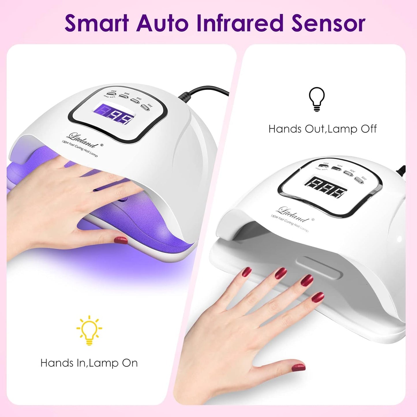 UV Gel Nail Lamp,150W UV Nail Dryer LED Light for Gel Polish-4 Timers Professional Nail Art Accessories,Curing Toe Nails