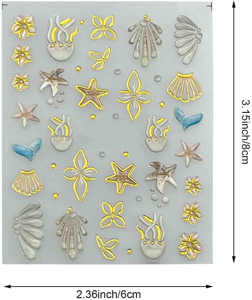 3D Beach Theme Nail Art Stickers, Starfish and Seashell Design, Gold Accents, 4 Sheets