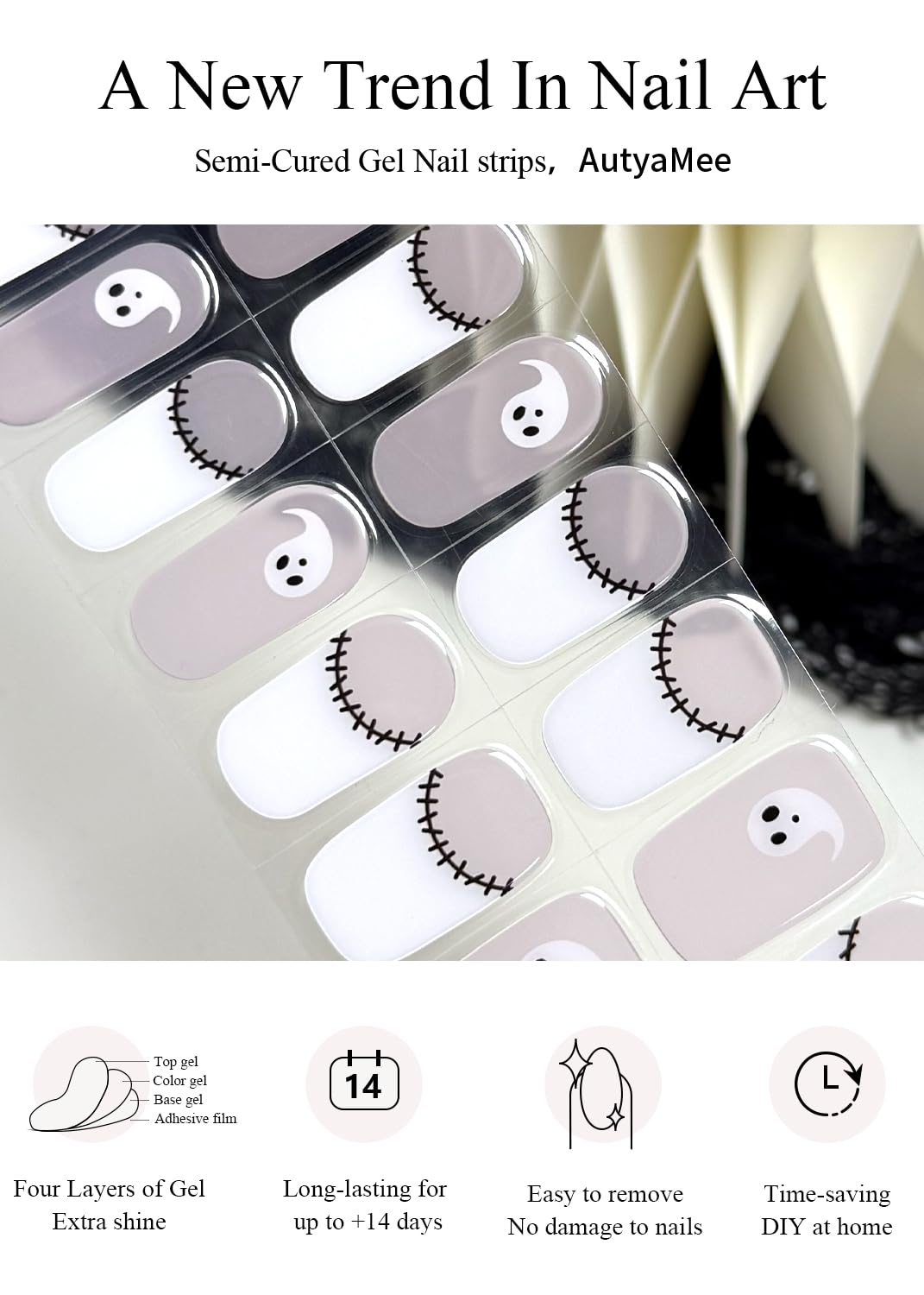 Semi Cured Gel Nail Strips (Ghost French), Halloween, 20 Pcs Gel Nail Wraps, Stickers, Salon Quality, Long Lasting, Works With Any Lamps
