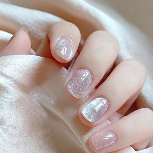evpct Nude Cat Eye Short Press on Nails Square, Glue on Nails Short Square for Women Gift, Pearl White Metallic Glitter Glossy Reusable Spring Summer Stick Gel Press on Acrylic Fake Nail with Designs