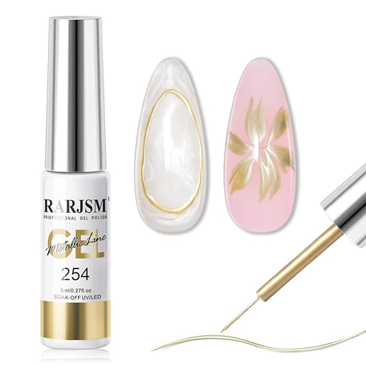 RARJSM Metallic Chrome Gel Liner Nail Art Champagne Gold 3D Mirror Effect Gel Nail Polish 8ml Build in Thin Brush Metal Painted Drawing Striper Painting GelPolish Soak off Curing Requires Home Salon