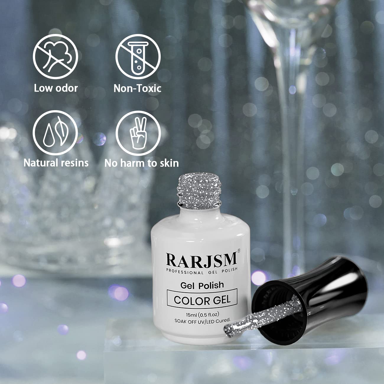 RARJSM Gel Polish Reflective Glitter,Gel Polish Glitter Silver,Flash Diamond Nail Gelpolish Soak off Disco Shimmer Gel Nail Polish UV LED Curing Requires 15ml for Home Salon Diy Nails Manicure