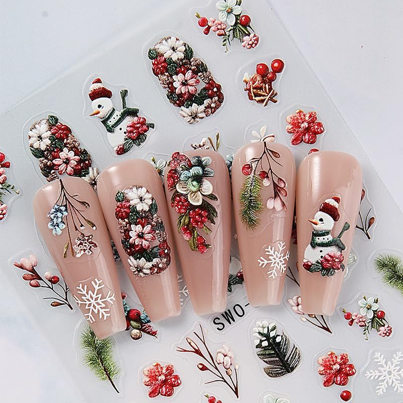 2 Sheets 5D Christmas Embossed Nail Art Stickers Snowflakes Nail Decals Cute Snow Trees Bells Winter Design Self-Adhesive Pegatinas Uñas Xmas Nail Stickers Santa Claus Nail Decals for Women Manicure