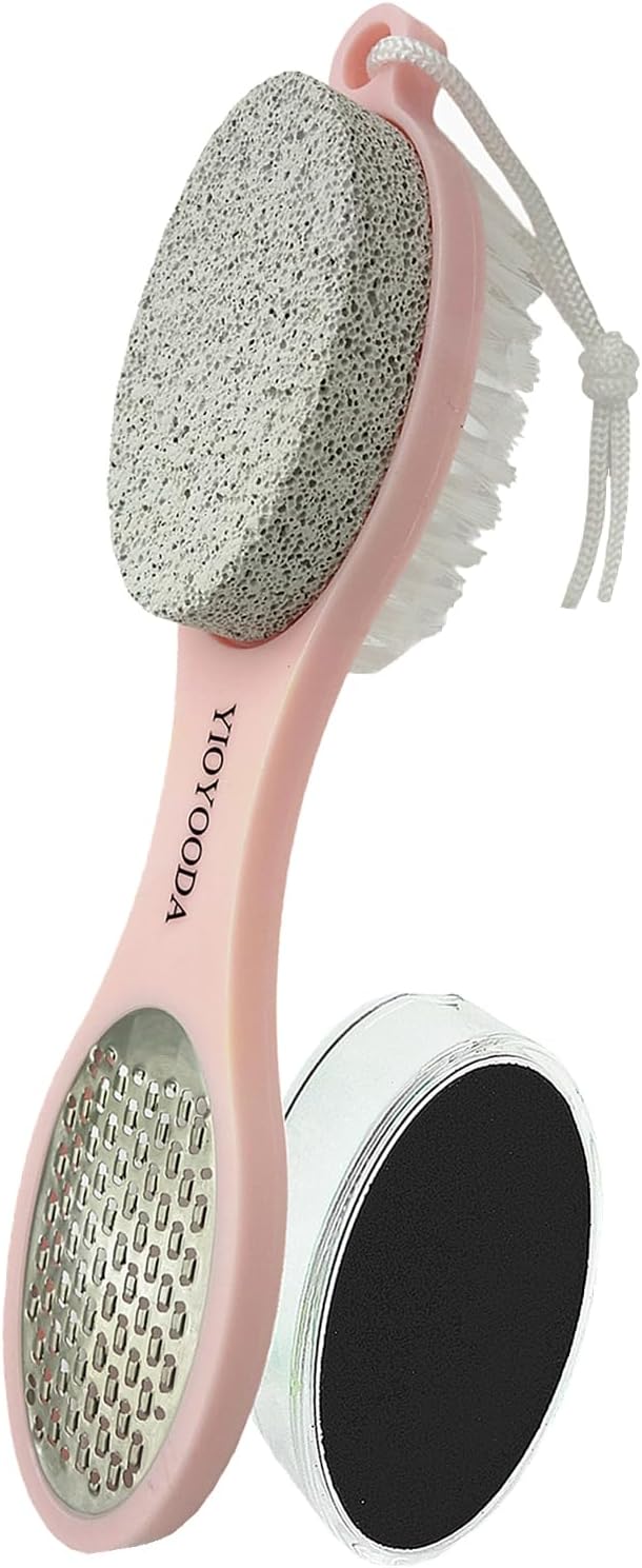 Foot File Callus Remover 5-in-1, Feet Scraper Pedicure Tools with Pumice Stone, Foot Scrubber Brush, Stainless Steel Foot Rasp and Sand Paper Debris Catcher, Multi Purpose for Home Foot Care