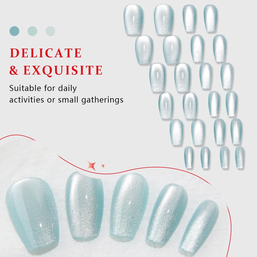 evpct Cat Eye Coffin Press on Nails Square Medium, Glue on Nails Medium Square for Women Gift, Teal Light Blue Green Metallic Glitter Glossy Gel Reusable Stick Acrylic Fake Press on Nail with Designs