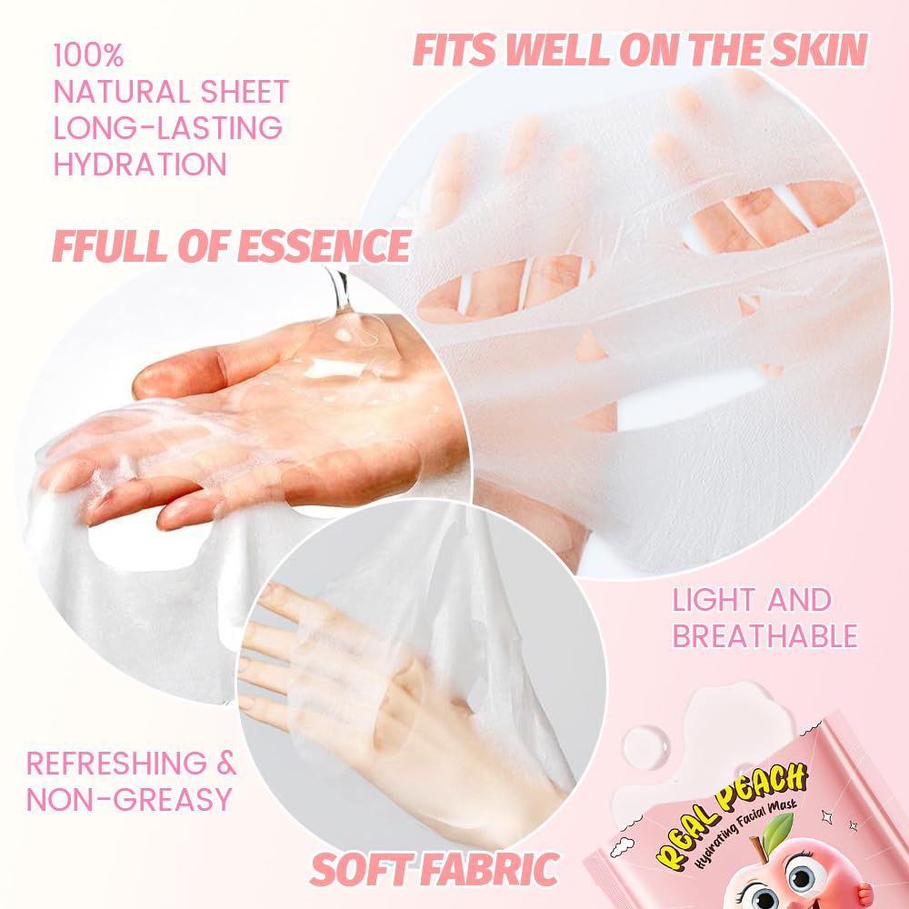 8 PCS Real Hydrating Nature Face Masks Skincare, Hyaluronic Acid, Vitamin C and E, Chamomile, Korean Beauty Essence Facial Paper Sheet Mask for Skin Care Moisturizing (Peach)