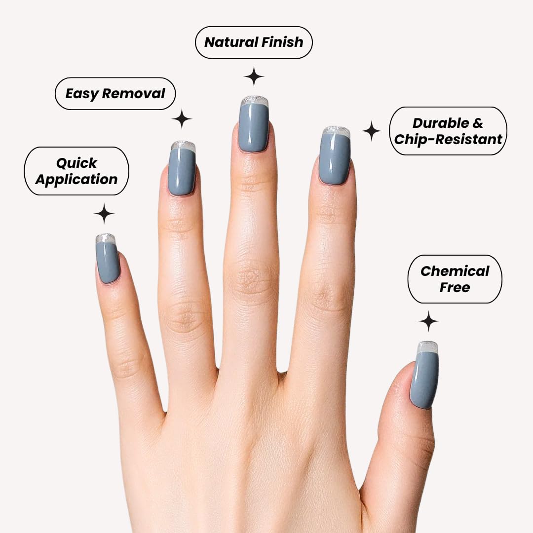 Perfect Look Press On Nails - Crystal Fog | No Glue One-Day Medium Square Nails, Light Grey Nails with Clear Glitter Tips - 24 Pcs Nail Kit with Adhesive Tabs
