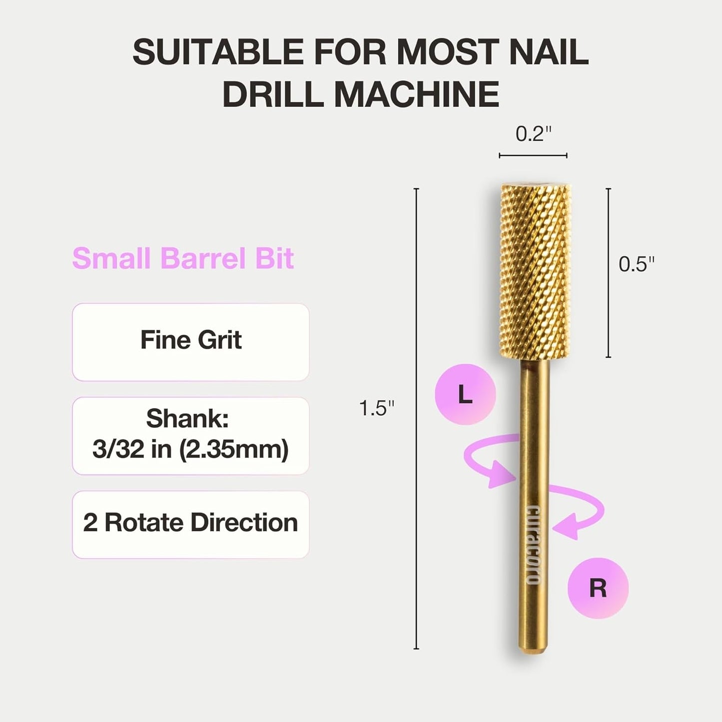 Curacoro Nail Drill Bits 3/32'' - Small Barrel Carbide Bit (Fine) for Professional Finish, Gently Remove, Buff & Polish Gel Nails, Nail Art Pedicure Manicure Salon & Home