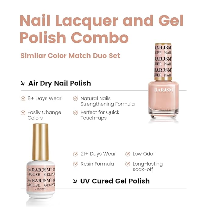 RARJSM Nude Pink Gel Nail Polish 2pcs Set,Gel and Lacquer Combo,Apricot Pink Air Dry Nail Lacquer and Nude Pink GelPolish LED UV Curing Requires French Manicure DIY Nail Art Home Salon 15ml