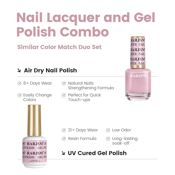 RARJSM Pastel Pink Gel Nail Polish 2pcs Set,Gel and Lacquer Combo,Purle Pink Air Dry Nail Lacquer and Nude Pastel Pink Gel Polish LED UV Curing Requires French Manicure DIY Nail Art Home Salon 15ml