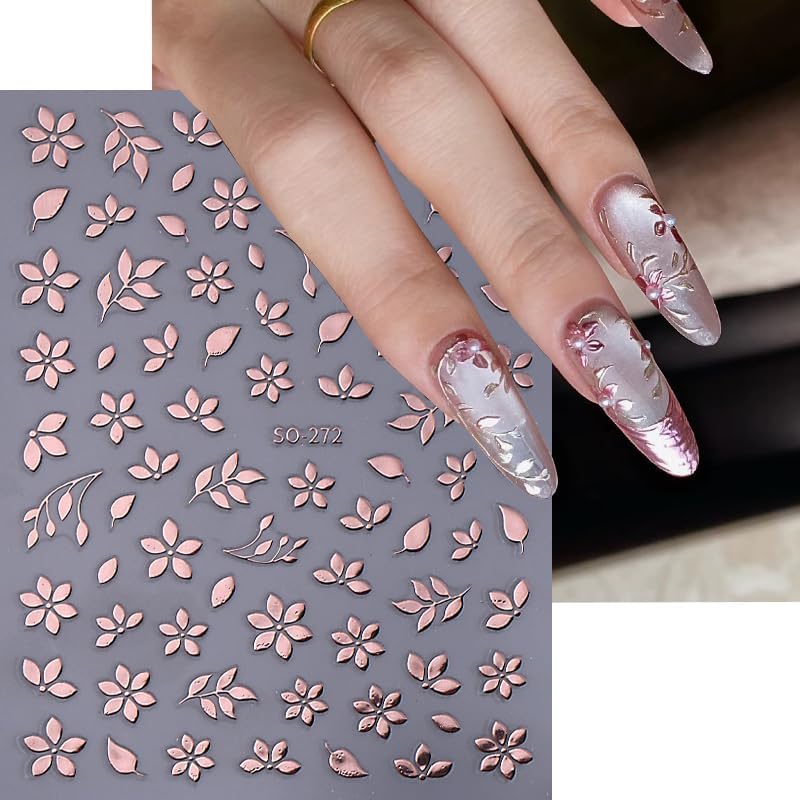 6Sheets Flower Nail Art Stickers 3D Bronzing Floral Leaf Nail Decals Self Adhesive Metallic Rose Gold Silver Flowers Design Nail Supplies Spring Nail Stickers Decoration for Acrylic Nails DIY