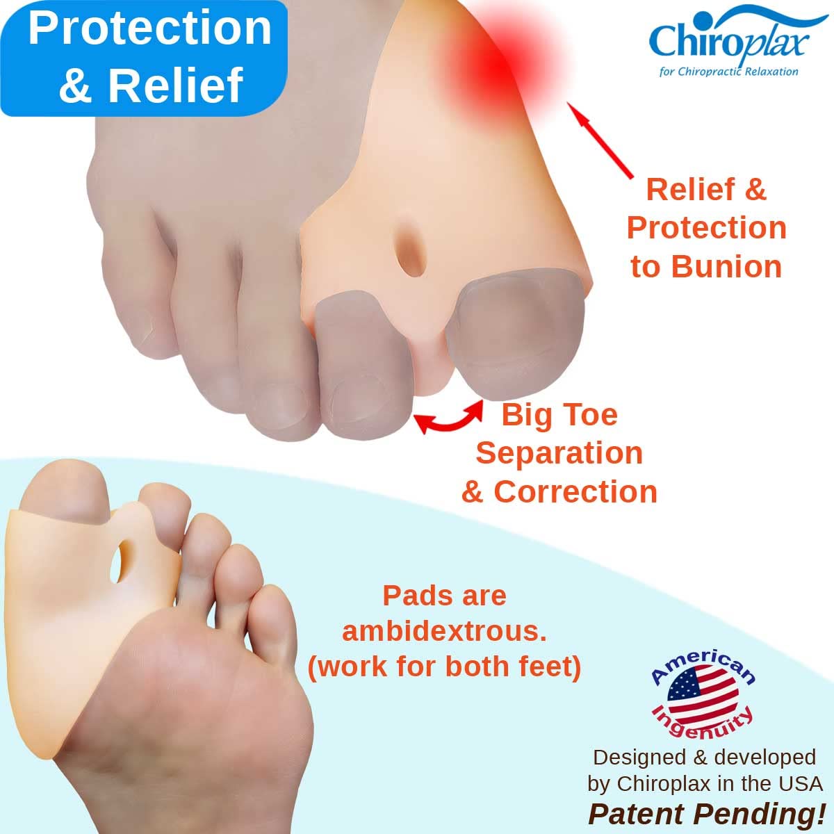 Chiroplax Bunion Corrector for Women & Men Relief Cushion Pads Hallux Valgus Guard Toe Separator Straightener Splint Protector Shield Spacer Sleeve Cover (4 Pads w/Shims, Medium)
