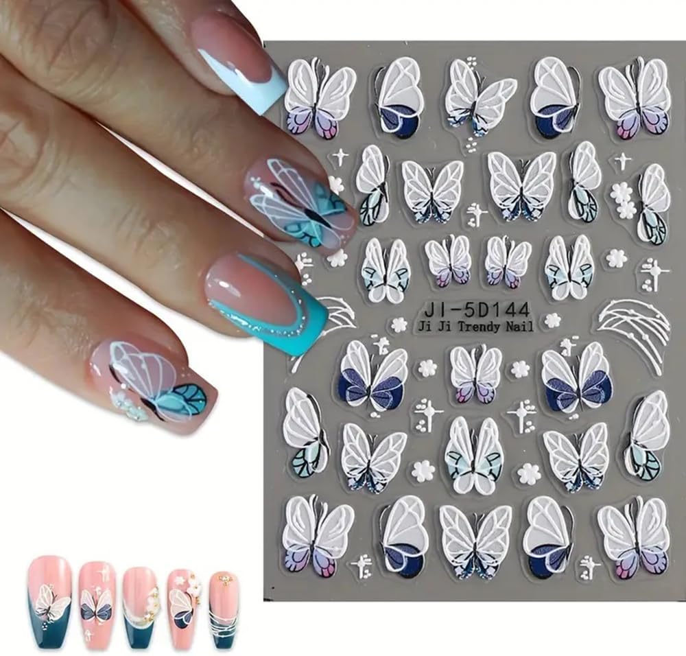 3Pcs Flower Nail Art Stickers Decals 5D Pink Flowers Nail Stickers Spring Relief Blue Butterfly Design Nails Art Decals for Decorations Flower Stickers for Nails Manicure Sliders for Women