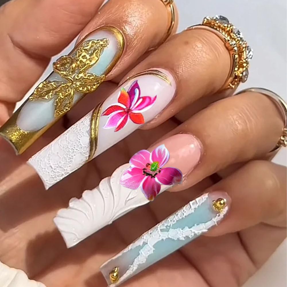 Tropical Flower Nail Art Stickers, Self-Adhesive Floral Decals, Colorful Summer Design for DIY Nail Decorations, 6 Pieces