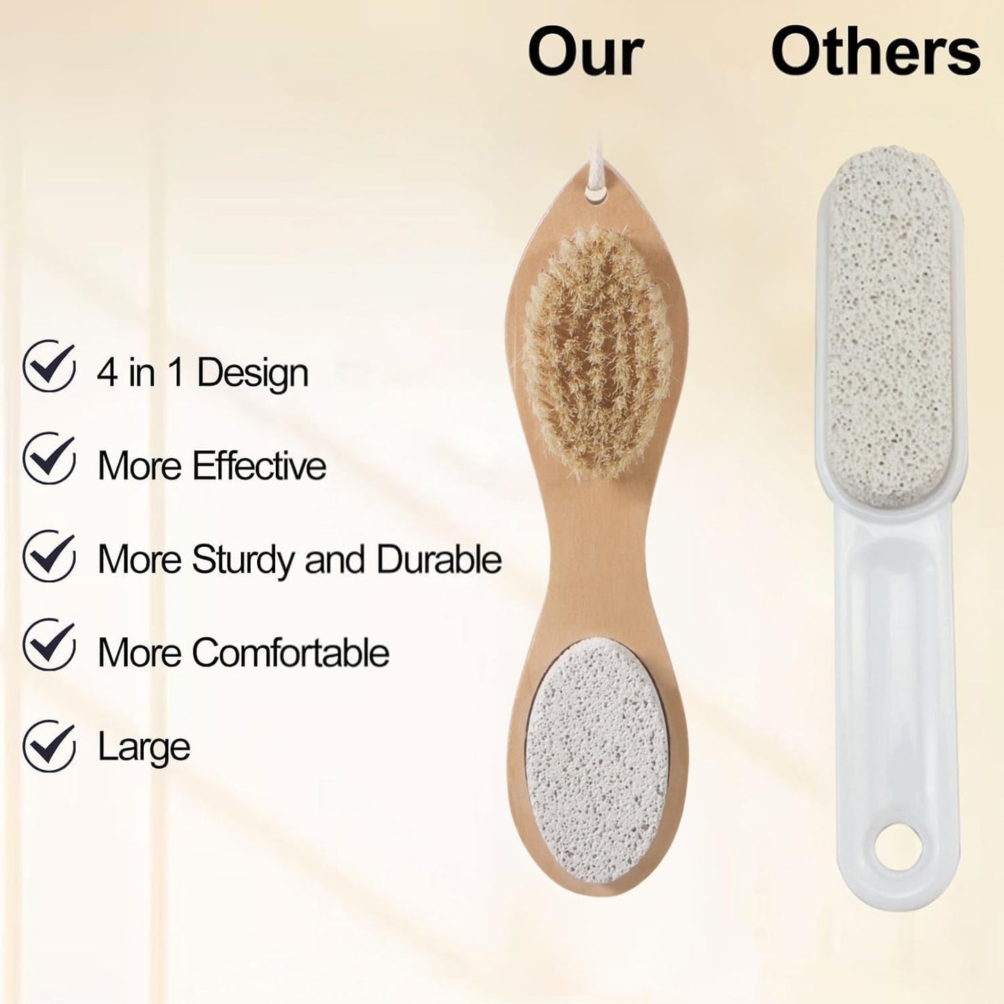 Pumice Stone Brush for Feet 4 in 1, Wooden Foot File Callus Remover, Foot Rasp and Sand Paper Pedicure Tools with Handle, Shower Foot Scrubber, Soft Smooth Feet for Home Foot Care