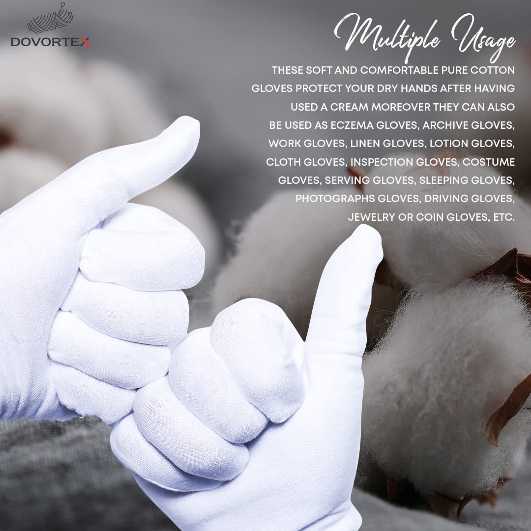 4 Pcs White Cotton Gloves | Cotton Gloves for Eczema, Dry Hands, Inspection, Coin Handling & Jewelry Inspection | Soft, Breathable, Machine Washable & Reusable
