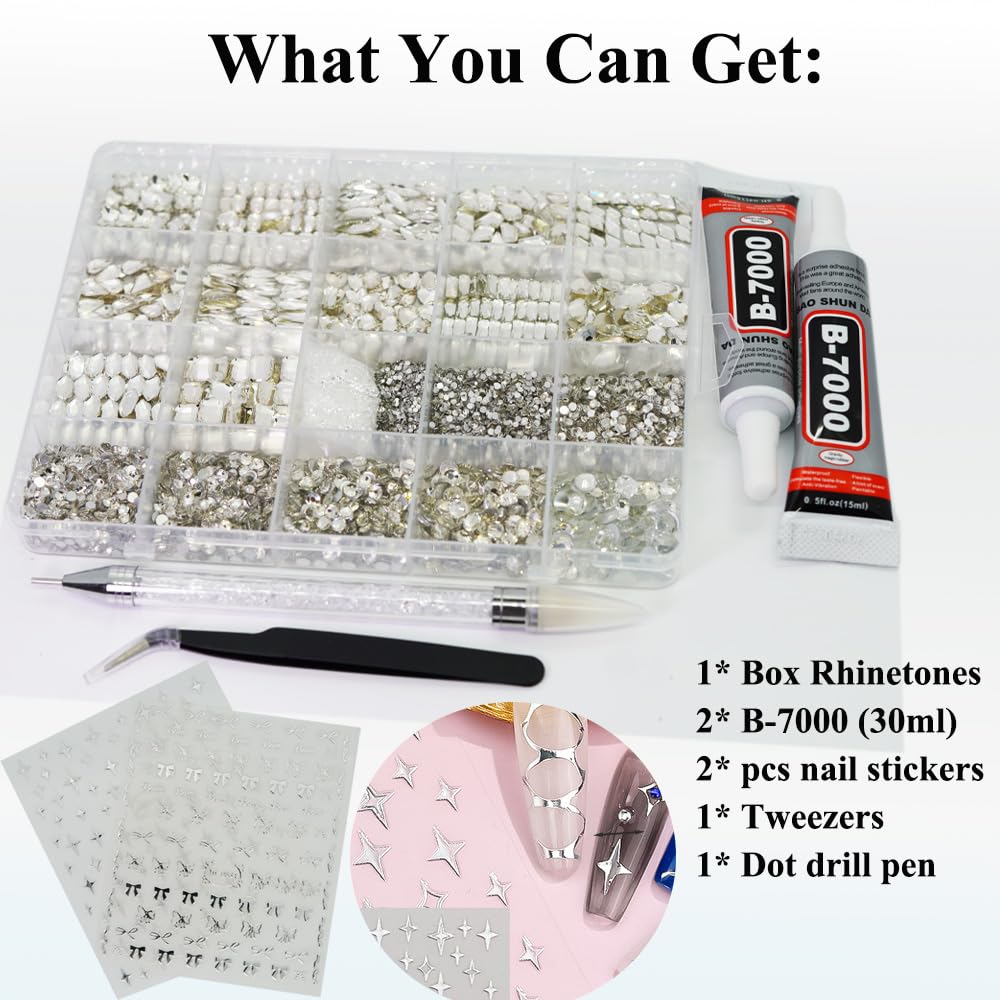 6400Pcs Silver Clear Nail Rhinestones, 600Pcs Multishapes Big Nail Gemstones +5800Pcs 1.5-6.5mm Flat Back Round Crystal Beads with B7000, Nail Decals, Multsize Flat Back Glass Stones for DIY Art