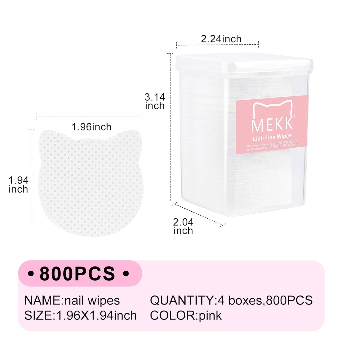 MEKK 800PCS Cat Shape Lint Free Wipes - Super Absorbent Non-Woven for Nail Polish Remover and Eyelash Extension Glue - Soft Dry Nail Prep Wipes (White)