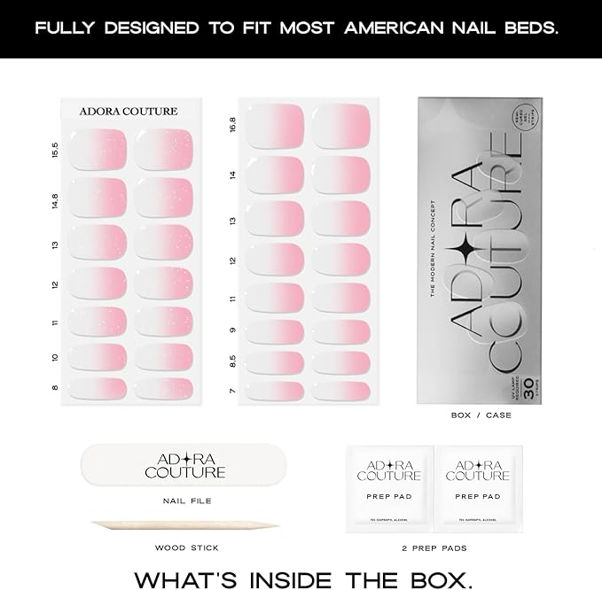 Semi Cured Gel Nail Strips with 30 Pieces - Salon Quality Manicure Kit for Women Easy Application Wraps Includes Prep Pads Nail File Wooden Stick, UV Light Required (Pink White)