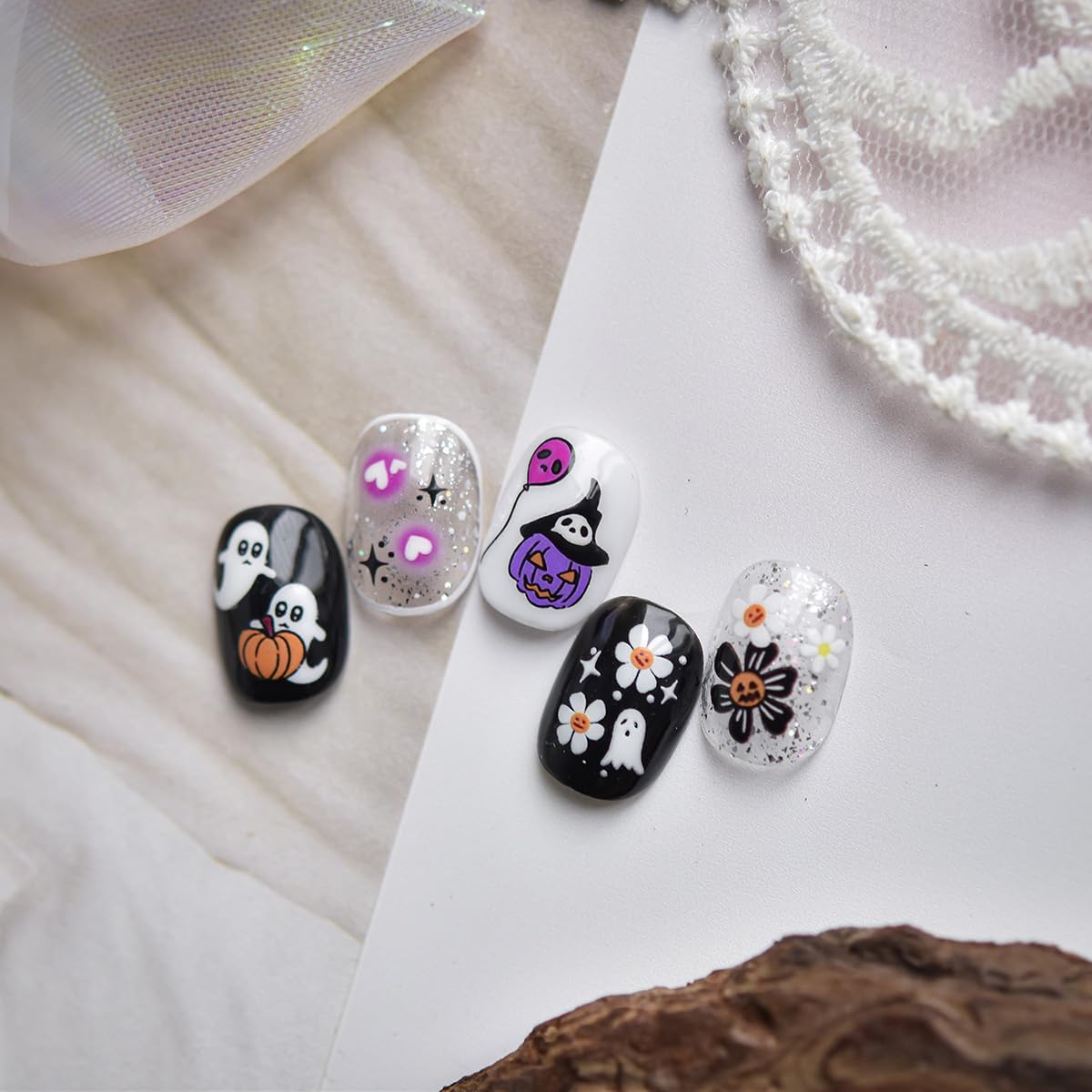 5D Embossed Cute Halloween Nail Art Stickers Self-Adhesive Ghost Nail Stickers with Spider Web Pumpkin Flower Designs Sticker Goth Nail Decals Holiday Nail Decorations for Women Acrylic Manicure Tips