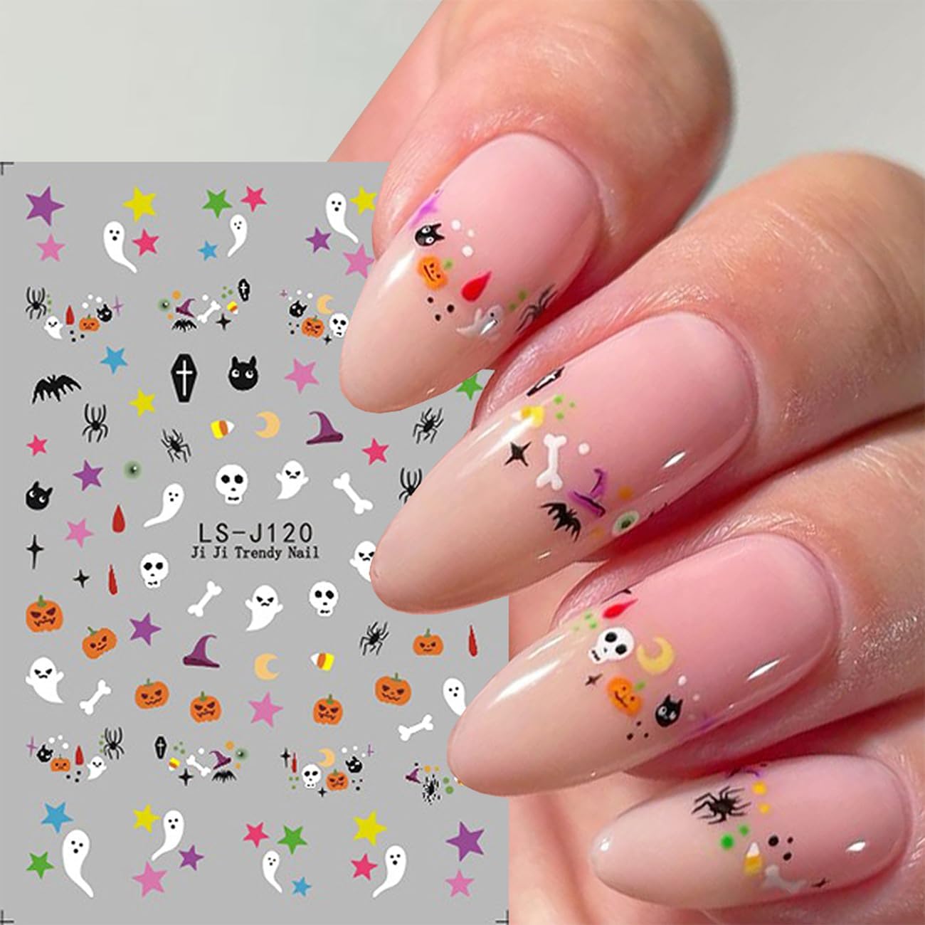 Halloween Nail Decals Self-Adhesive 3D Skull Bat Ghost Spider Design Cute Girls Nail Art Decoration 6PCS