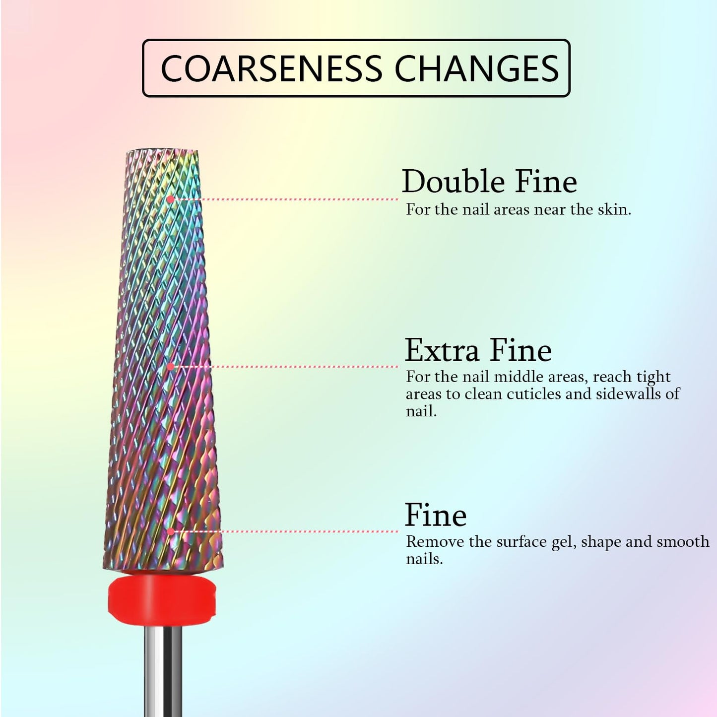 Super Long 5 in 1 Nail Drill Bits, Professional 3/32'' Carbide Tungsten Two Way Rotary Advanced Safety Bits, Fast Remove for Manicure Pedicure Cuticle Acrylic Nails(Rainbow, Fine-F)