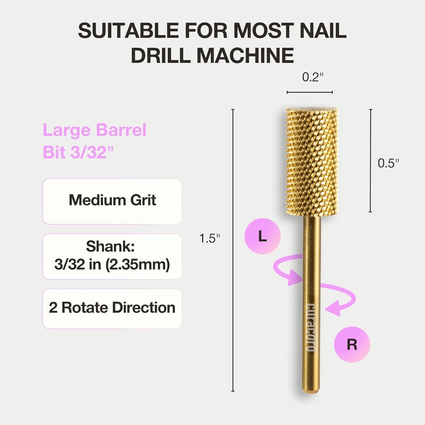 Curacoro Nail Drill Bits 3/32'' - Safe Smooth Stop Large Barrel Carbide Bit (Medium) for Professional Finish, Fast Remove, Refine & Smooth Acrylic or Gel Nails, Nail Art Pedicure Manicure Salon & Home