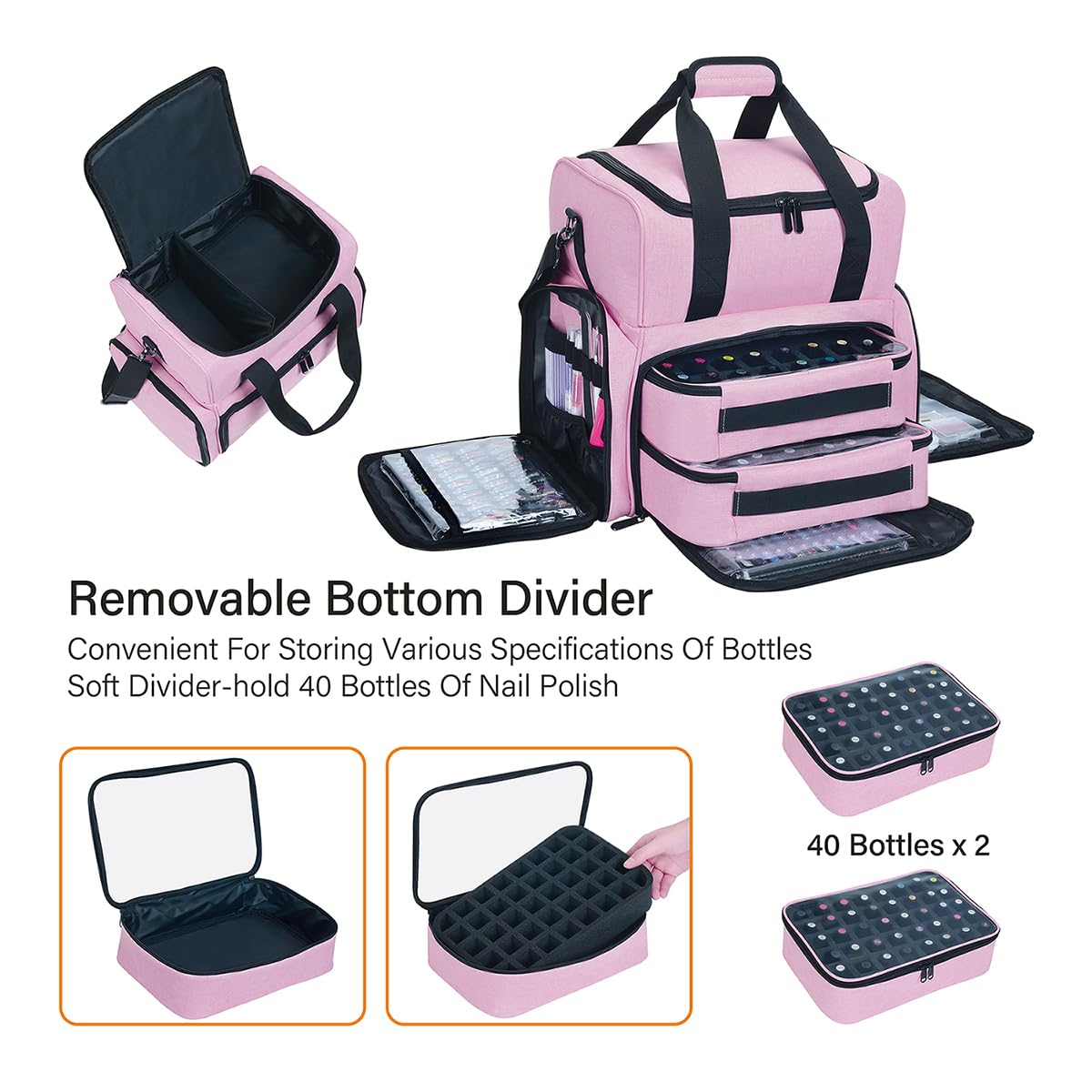 Nail Polish Organizer Holds 80 Bottles & Nail Art Lamp, Portable Large Capacity Storage with 2 Removable Storage Bags Store Nail Art Tools, Suitable for Manicurists and Manicure Enthusiasts(Pink)